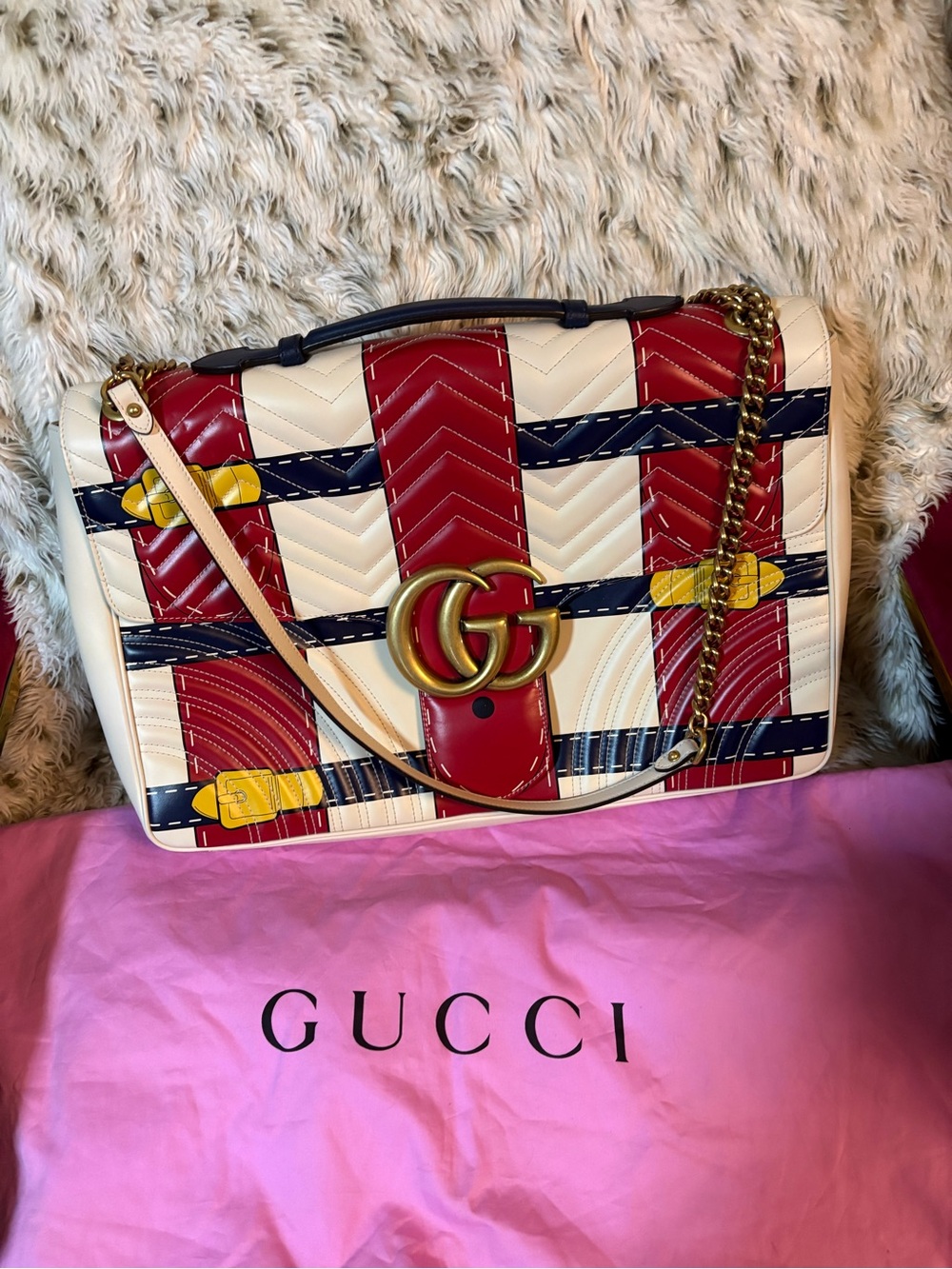 Gucci Red, Cream & Navy Chevron GG Shoulder Bag XLarge